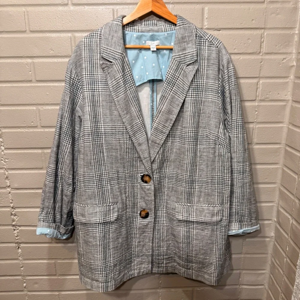 J‎ Jill Love Linen Blazer Plaid Longline Womens Lrg Boyfriend Fit Blue Academia